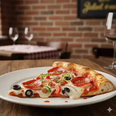 Viral cheese-pull pizza slice food photography