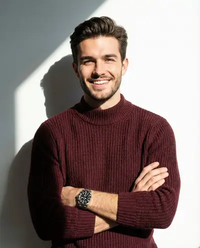 Studio portrait of a man with crossed arms and a luxury watch