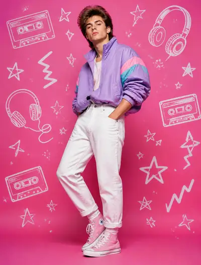 80s retro pop fashion portrait with doodle graphics