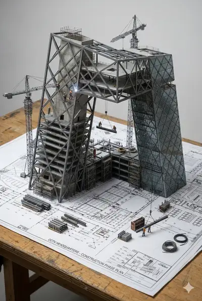 Building Blueprint With Miniature Construction Diorama