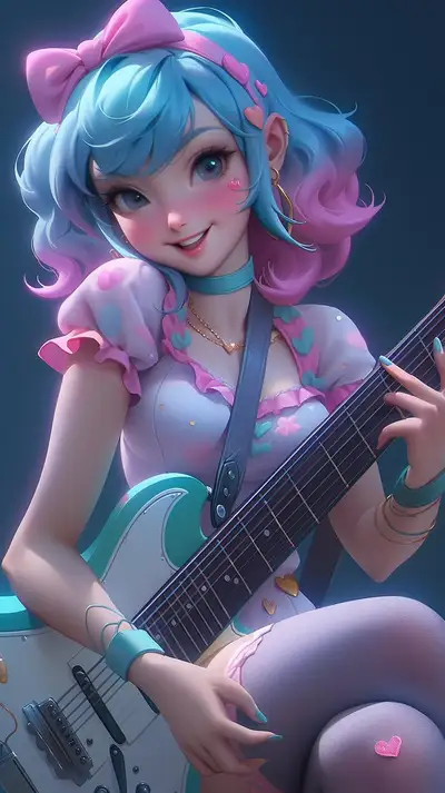 Toy Doll Anime Girl Playing Guitar on Neon Stage