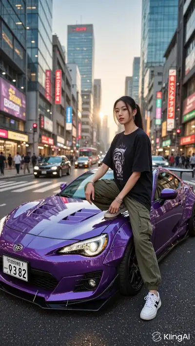 紫のスポーツカーのある都市ストリートフォトグラフィー