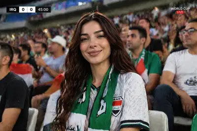 Broadcast style portrait of a soccer fan at a World Cup stadium