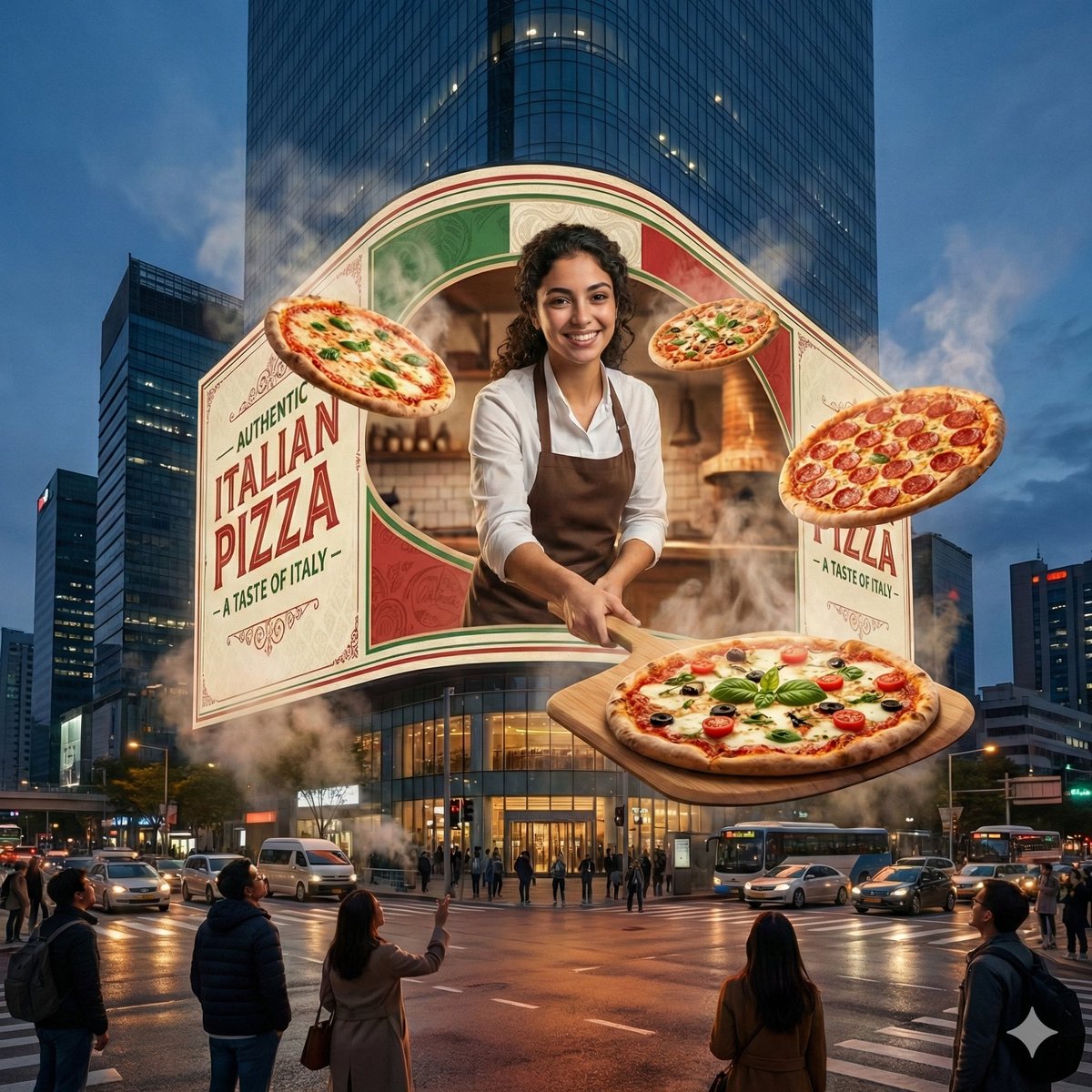 Hyper-Realistic Surreal City Billboard Pizza Advertisement