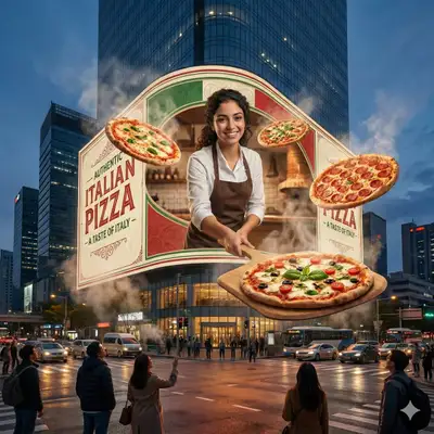 Anúncio de Pizza em Outdoor Urbano Surreal Hiper-realista