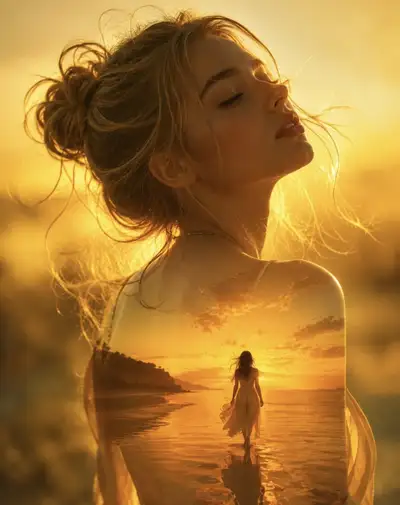 Soul merging with the sea - double exposure portrait