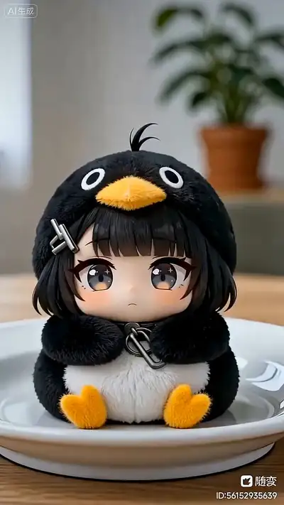 Chibi-Pinguin-Onesie-Figur reagiert auf Fingerstreicheln