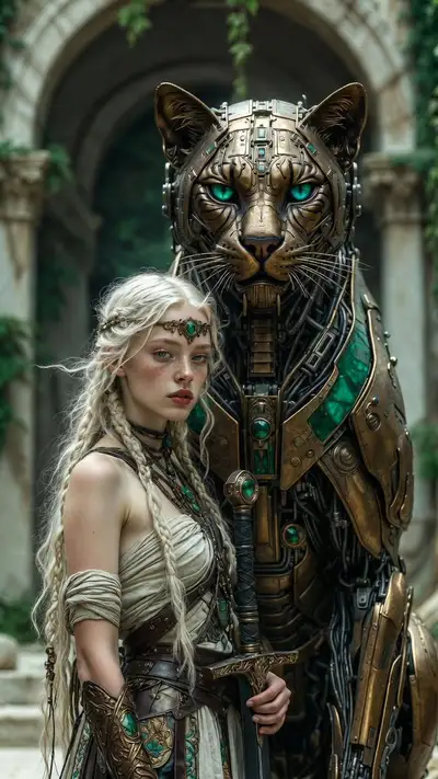 Cinematic Fantasy Sci-Fi Warrior with Cyber-Cat Guardian
