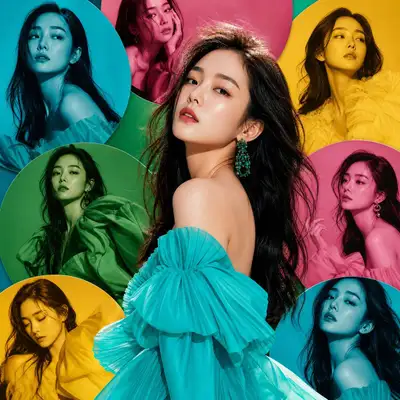 Korean fashion editorial with a circular mosaic portrait background