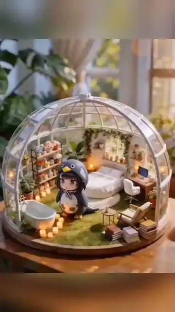 Diorama en miniatura acogedor con temática de pingüino bajo cúpula de vidrio, prompt JSON