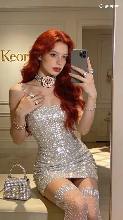Glamorous Mirror Selfie in Diamond Dress