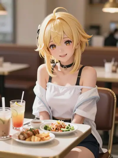 Anime portrait of a Genshin Impact style character at a table