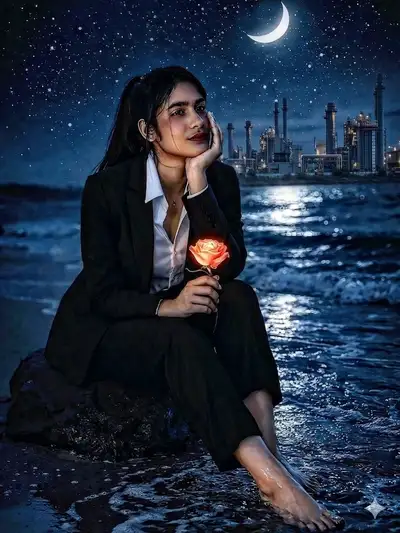 Cinematic Night Beach Portrait with Glowing Rose