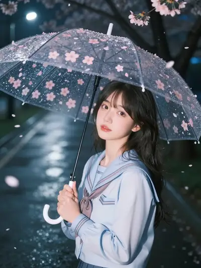 Cinematic rainy night portrait with cherry blossoms