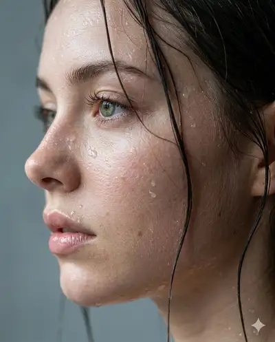濡れた映画的クローズアップ美容ポートレート、Nano Banana