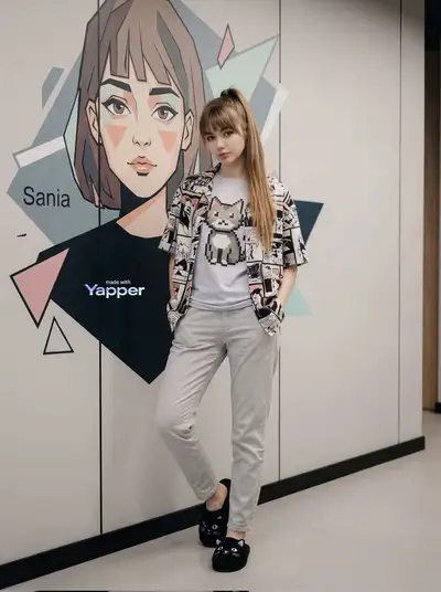 Casual portrait of a woman leaning against a graphic wall mural