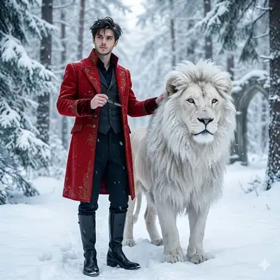 Cinematic Nobleman with White Lion in Winter Forest