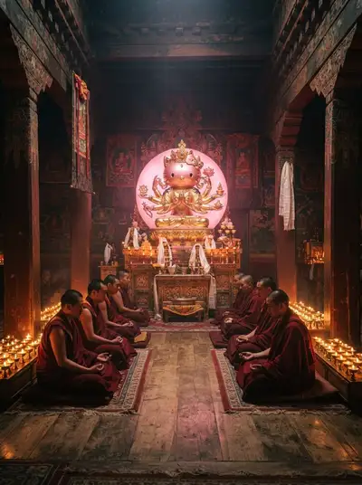 Hello Kitty as Tibetan monastery deity image prompt
