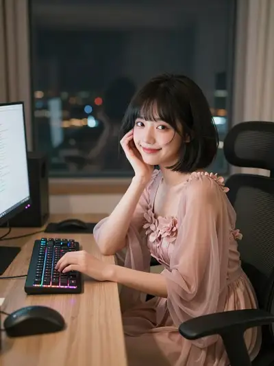 Streamer woman turning to camera in a cozy studio at night