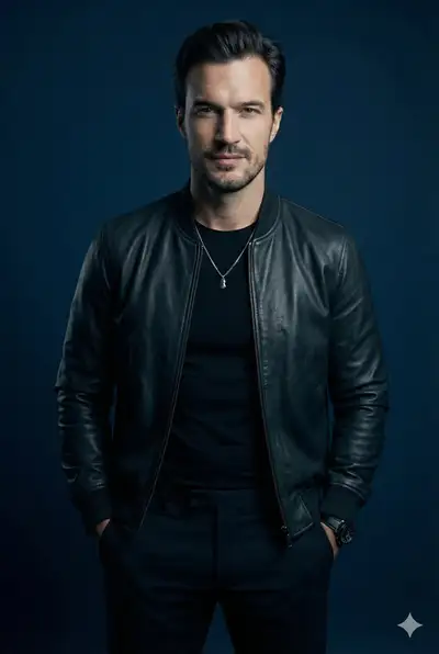 Moody studio portrait template with deep-blue backdrop and streetwear