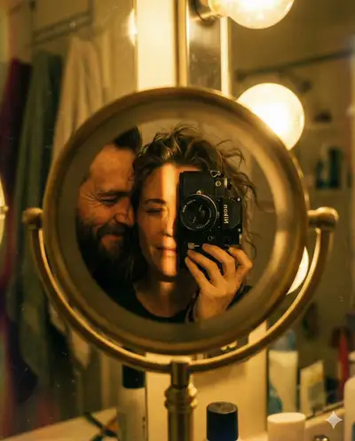Retrato vintage de casal em selfie de espelho com estética de filme nostálgica