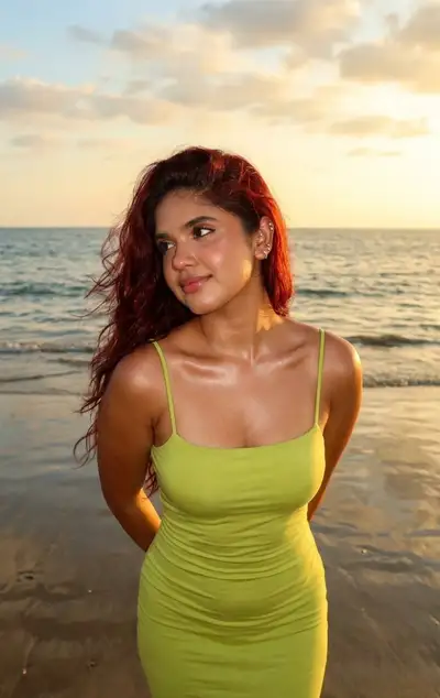 Sunset Seaside Portrait with Lime Green Dress