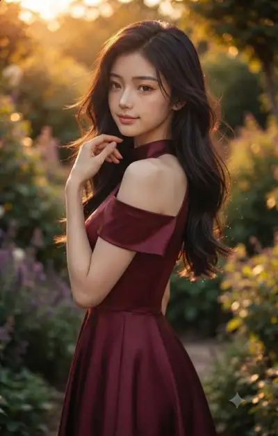 Retrato de jardim na hora dourada com vestido de cetim bordô