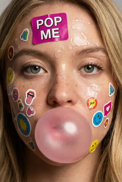 Extreme close-up face covered in stickers blowing bubblegum