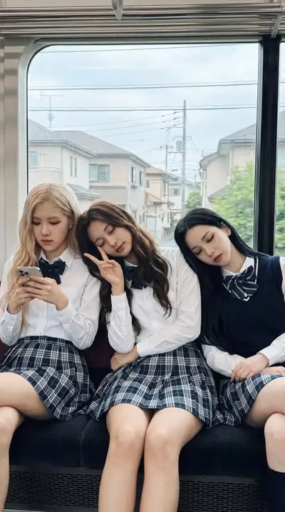 K-pop idol trio napping on a train, school uniforms