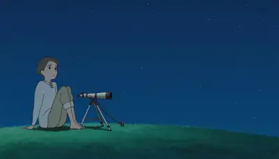 Anime-style poetic visual: boy on hilltop with telescope