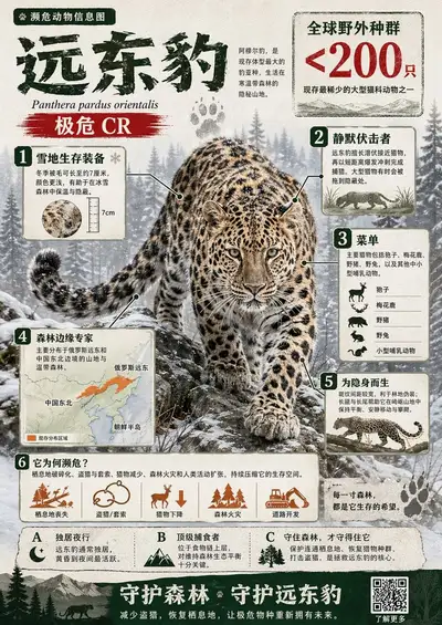 Photorealistic infographic about an endangered animal in Chinese