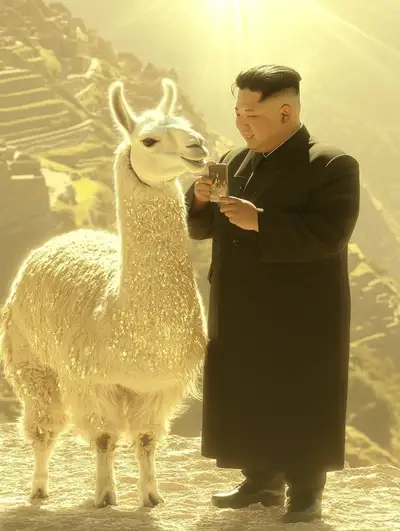 Kim Jong Un Selfie with Llama at Machu Picchu