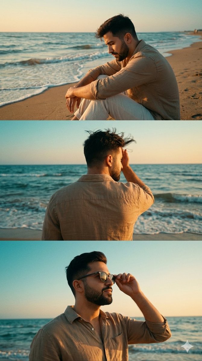 Three-panel golden hour beach portrait collage