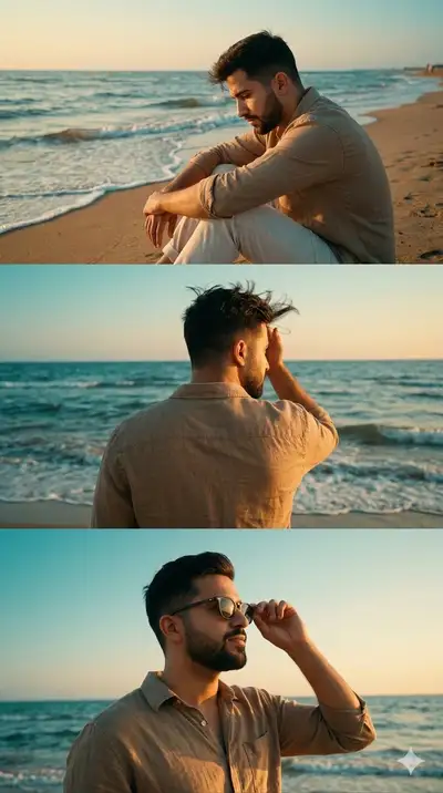 Collage de retrato en la playa en tres paneles durante la hora dorada