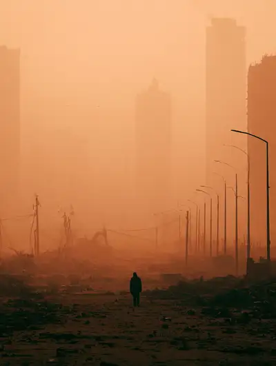 Post-apocalyptic wasteland in Christopher Nolan style
