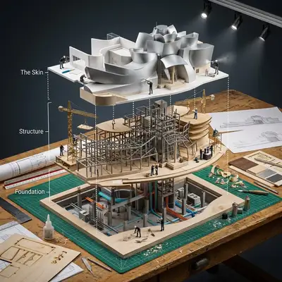 Exploded isometric diorama of a famous building under construction