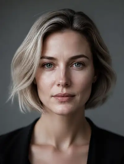 Professional studio portrait of a woman with ash blonde hair