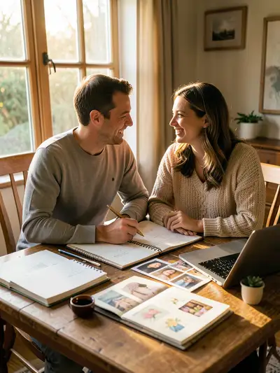 Happy engaged couple wedding planning photo