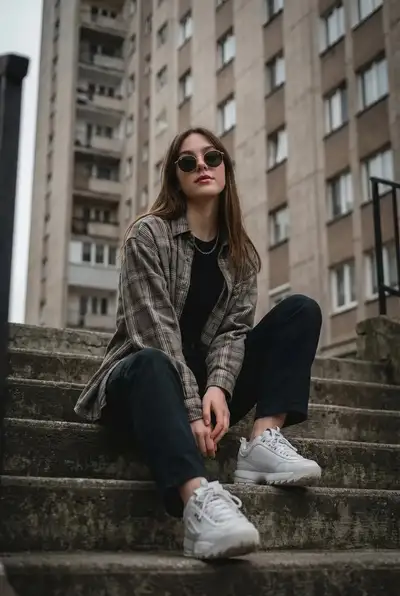 90s Grunge Streetwear Portrait on Concrete Stairs