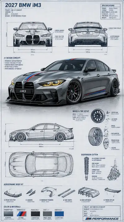 Fusión de plano técnico y render 3D del concepto BMW iM3