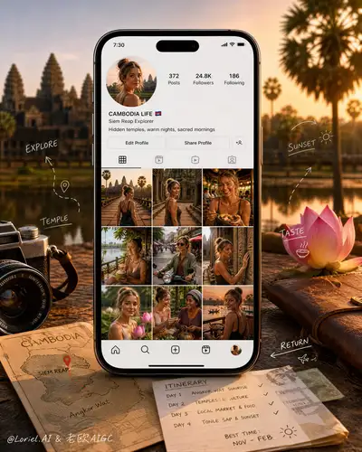 Póster de campaña de viaje para Camboya con smartphone protagonista para GPT Image 2