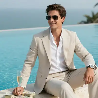 Reicher Mann an einem Infinity-Pool mit Bargeld und Champagner