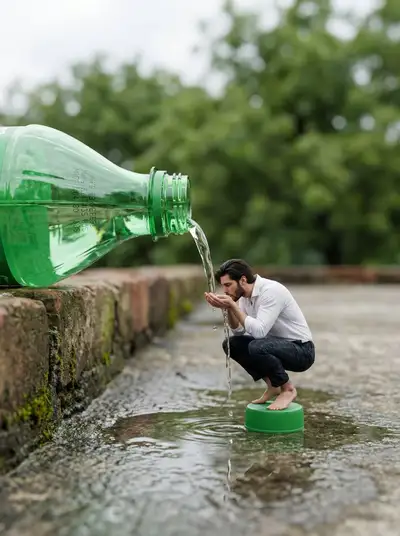 Surreal Tiny Man Drinking from Giant Bottle