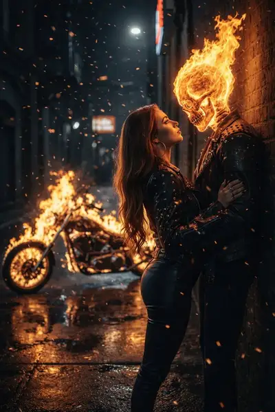 Flaming Skull Biker and Woman in Rain-Soaked Alley