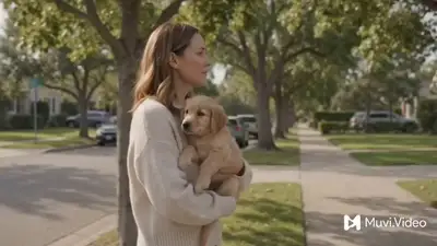 Une femme promenant doucement un chiot sauvé, réalisme cinématographique