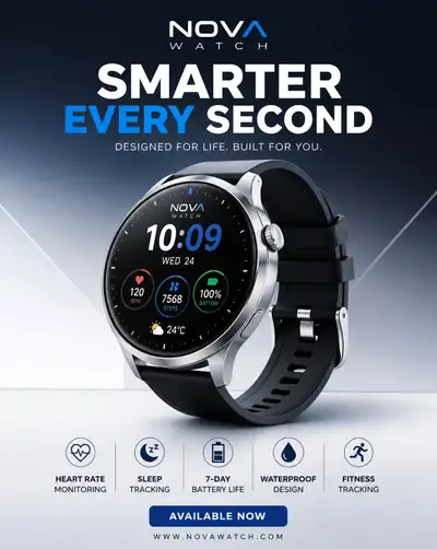 Commercial smartwatch advertisement poster, fictional NOVA WATCH