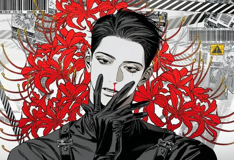 Potassium Element Red Monochrome Brutalist Portrait with Red Spider Lilies | Wikiprompt