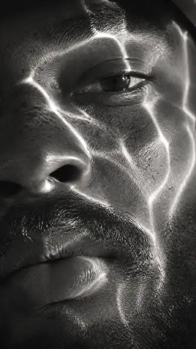 Surreal Black and White Portrait with Luminous Light Waves