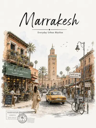 Vintage Watercolor Travel Poster of Marrakesh