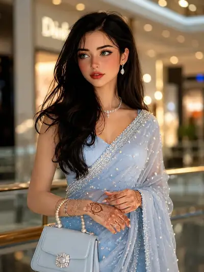 Indian Woman in Sky-Blue Pearl Saree Fashion Editorial